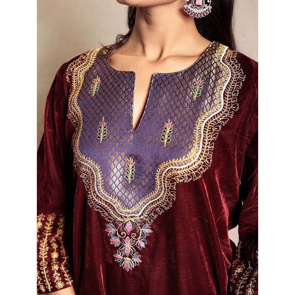 Spring Soul Maroon Embroidered Velvet Kurta With Yoke Detail And Velvet Pant (Set of 2)