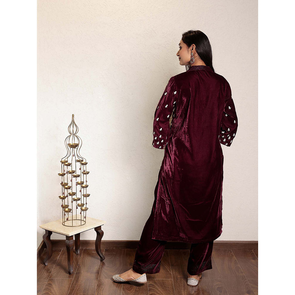 Spring Soul Wine Embroidered Velvet Kurta With Velvet Pant (Set of 2)