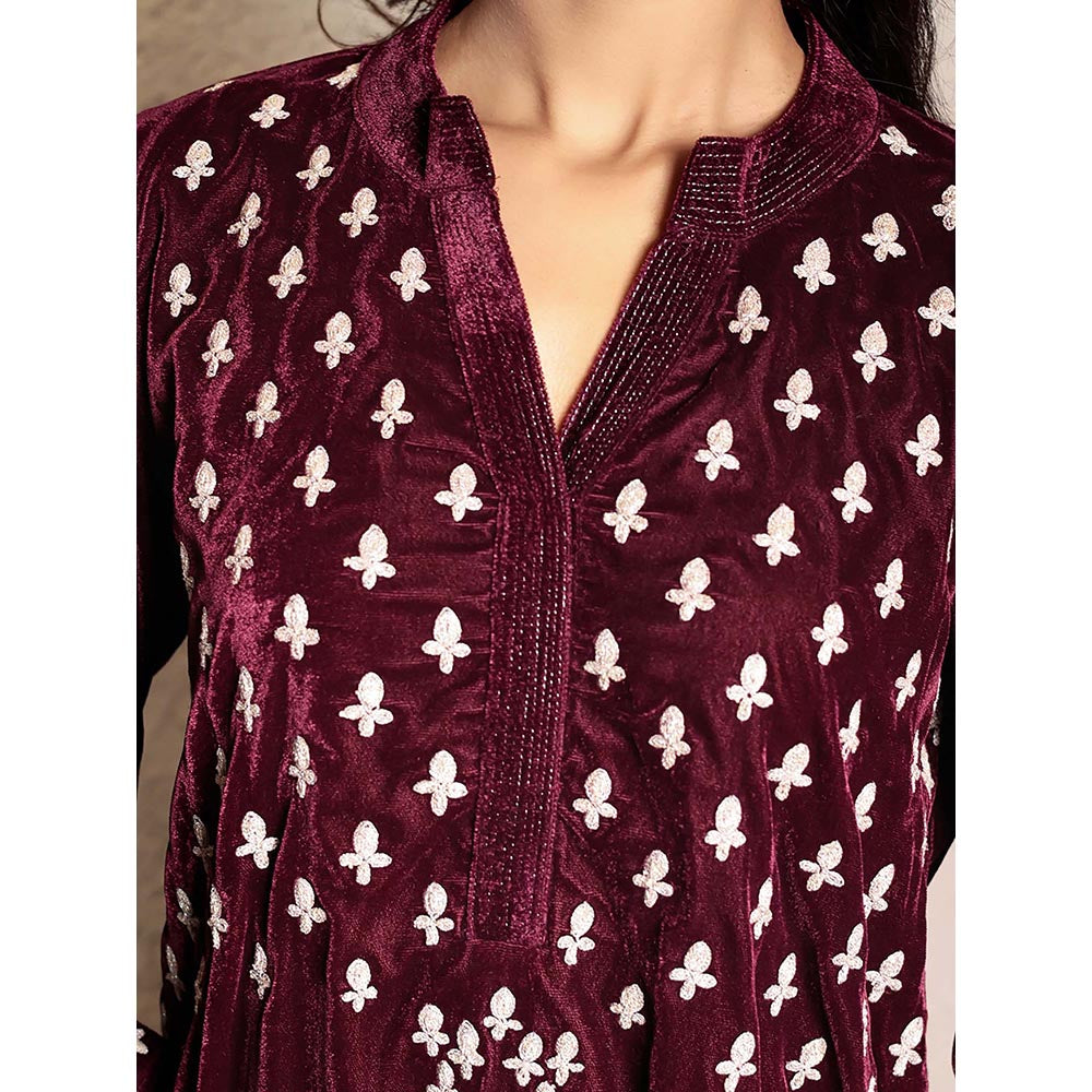 Spring Soul Wine Embroidered Velvet Kurta With Velvet Pant (Set of 2)
