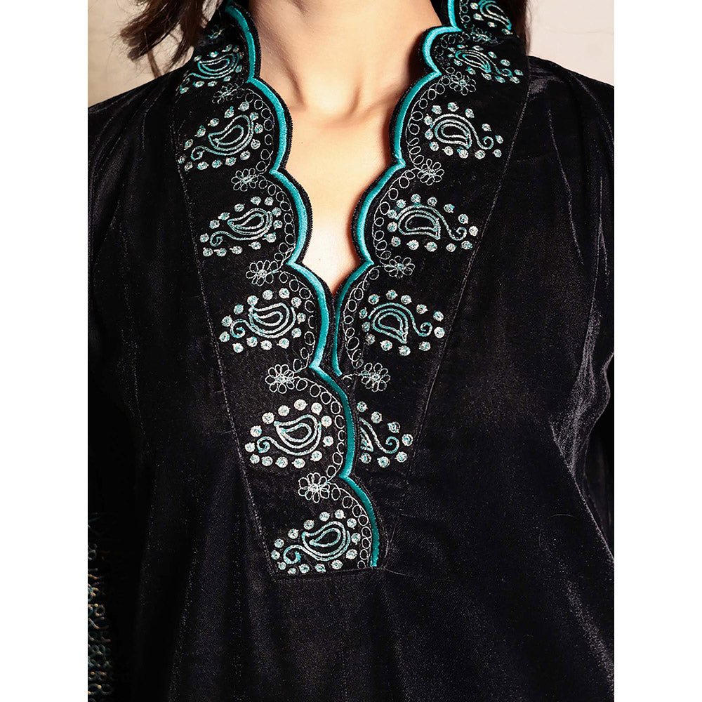 Spring Soul Black Embroidered Velvet Kurta With Pant (Set of 2)