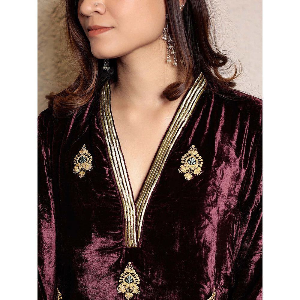 Spring Soul Wine Embroidered Velvet Kurta With Velvet Pant And Organza Dupatta (Set of 3)