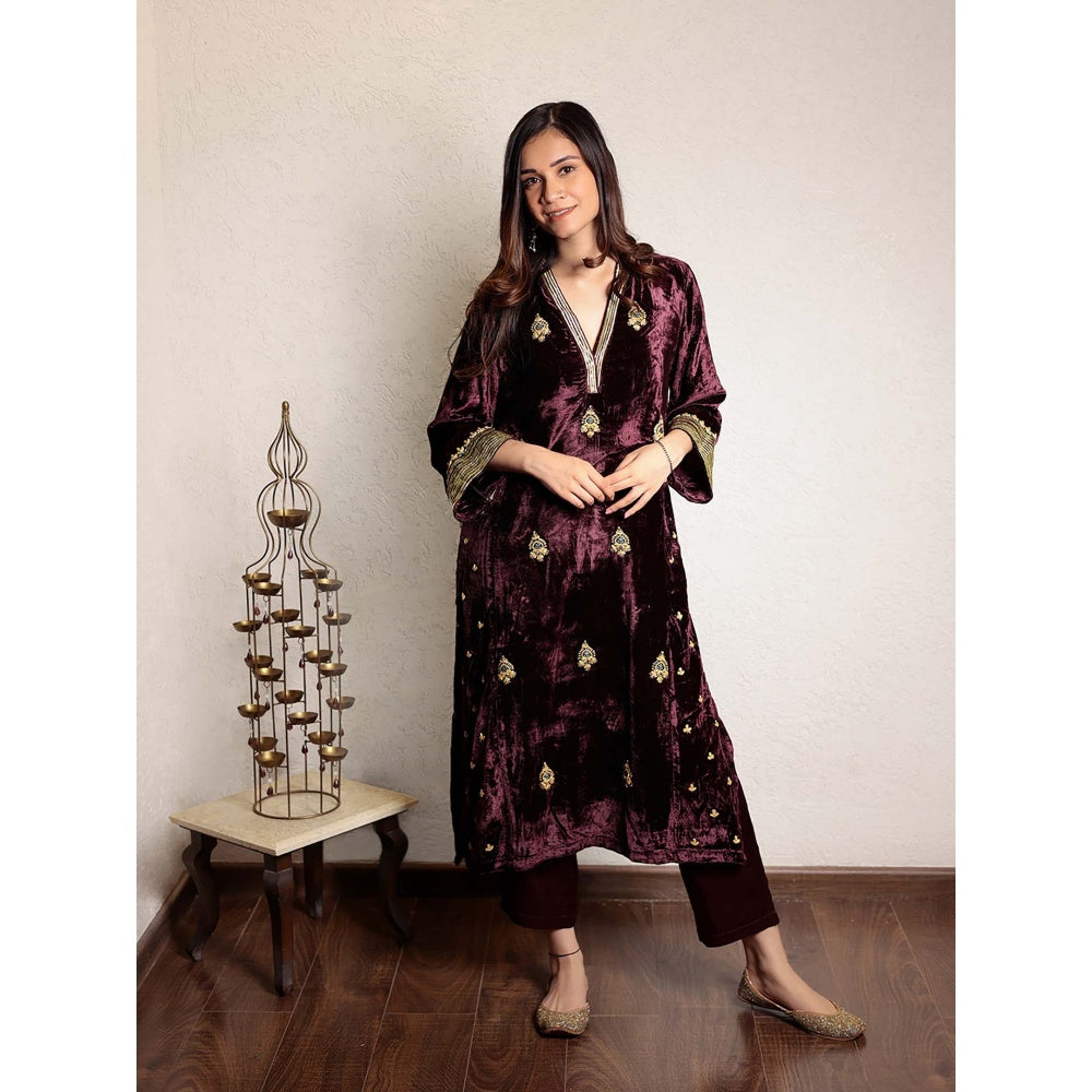 Spring Soul Wine Embroidered Velvet Kurta With Velvet Pant (Set of 2)