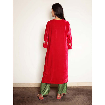 Spring Soul Fuchsia Pink Hand Embroidered Velvet Kurta With Mashru Silk Pant (Set of 2)