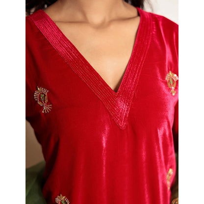 Spring Soul Fuchsia Pink Hand Embroidered Velvet Kurta With Mashru Silk Pant (Set of 2)
