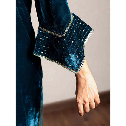 Spring Soul Teal Hand Embroidered Velvet Kurta with Exaggerated Sleeve