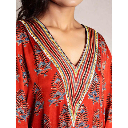 Spring Soul Red Ajrakh Printed Modal Silk Kurta with Bell Sleeves