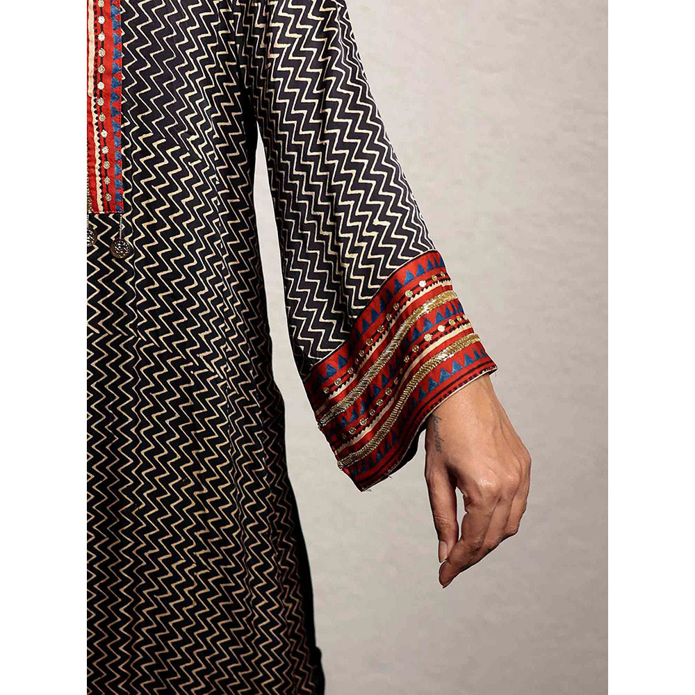 Spring Soul Black Hand Embroidered Zig Zag Modal Silk Kurta