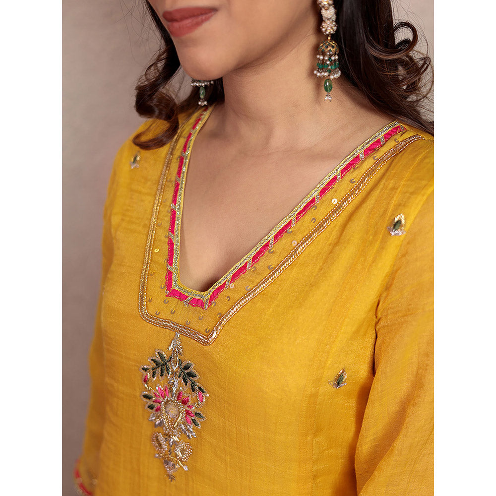 Spring Soul Yellow Tissue Hand Embroidered V-Neck Kurta and Pant with Dupatta (Set of 3)