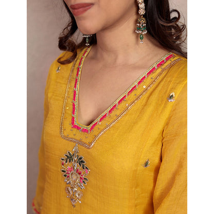 Spring Soul Yellow Tissue Hand Embroidered V-Neck Kurta and Pant with Dupatta (Set of 3)