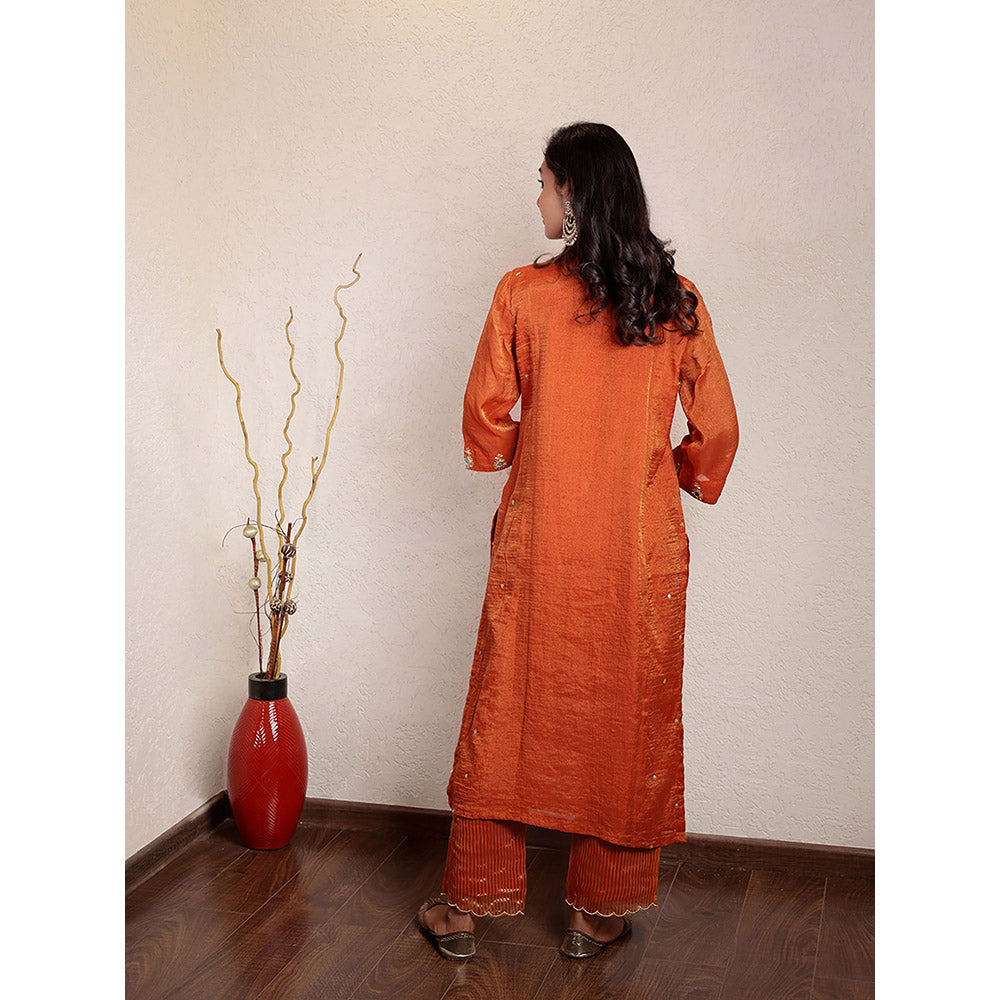 Spring Soul Orange Tissue Chanderi Hand Embroidered Kurta and Pant with Dupatta (Set of 3)