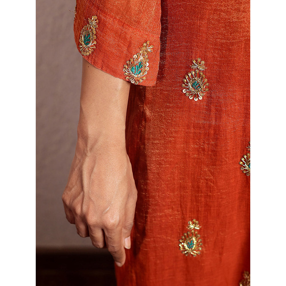 Spring Soul Orange Tissue Chanderi Hand Embroidered Kurta and Pant with Dupatta (Set of 3)