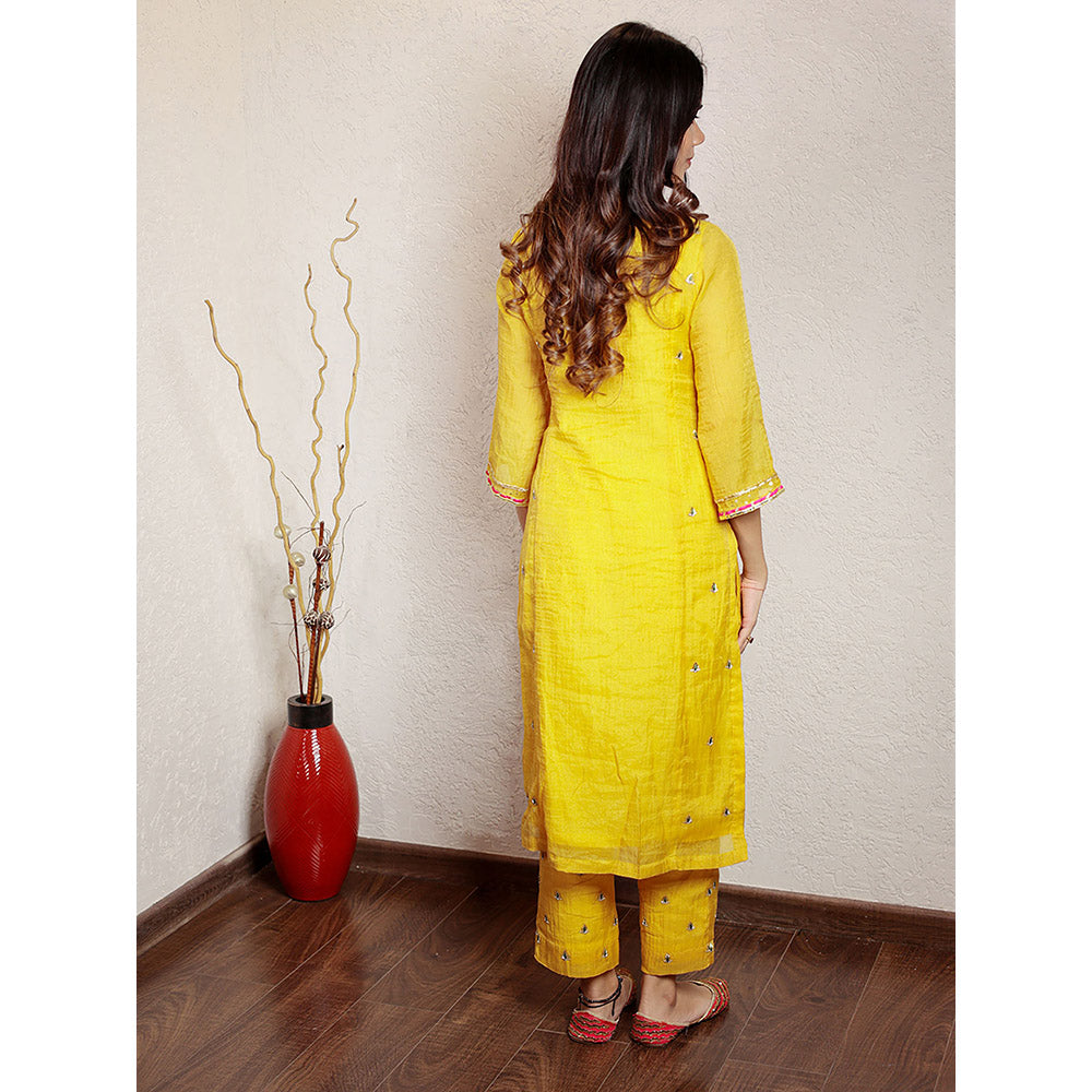 Spring Soul Yellow Tissue Chanderi Hand Embroidered V-Neck Kurta and Pant (Set of 2)