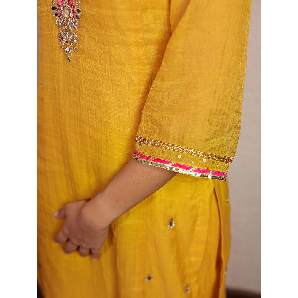 Spring Soul Yellow Tissue Chanderi Hand Embroidered V-Neck Kurta and Pant (Set of 2)