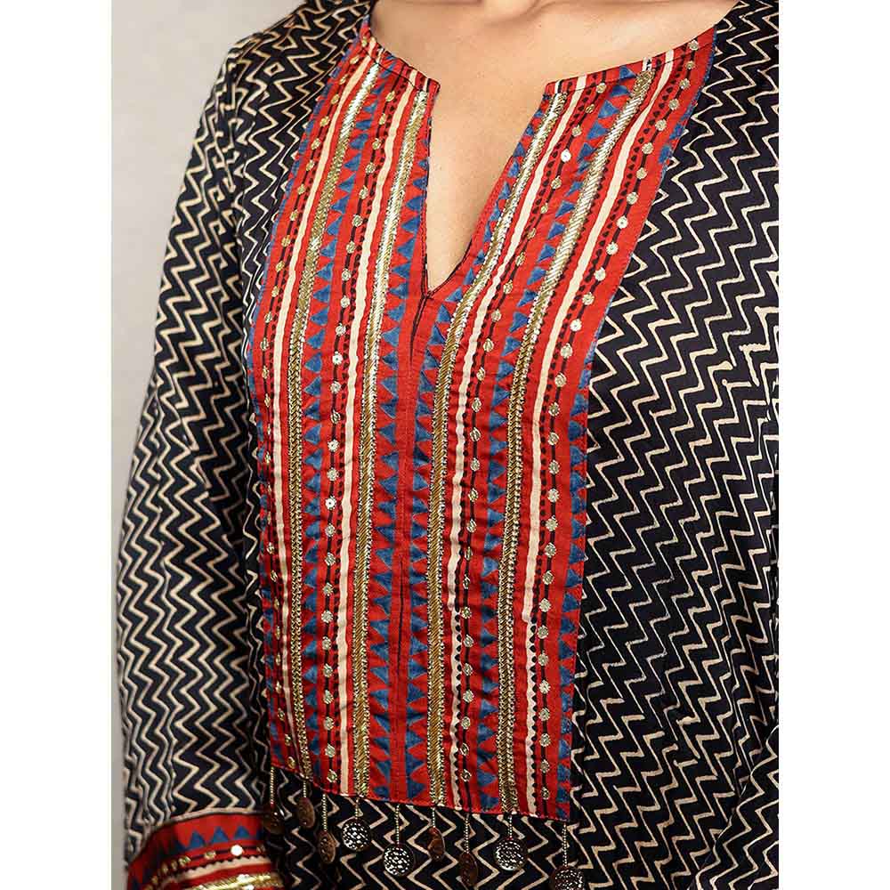 Spring Soul Black Hand Embroidered Zig Zag Modal Silk Kurta and Pant (Set of 2)
