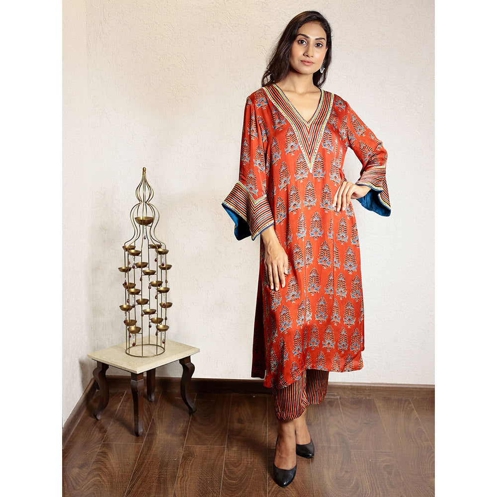 Spring Soul Red Ajrakh Printed Modal Silk Kurta and Pant with Exaggerated Sleeves (Set of 2)