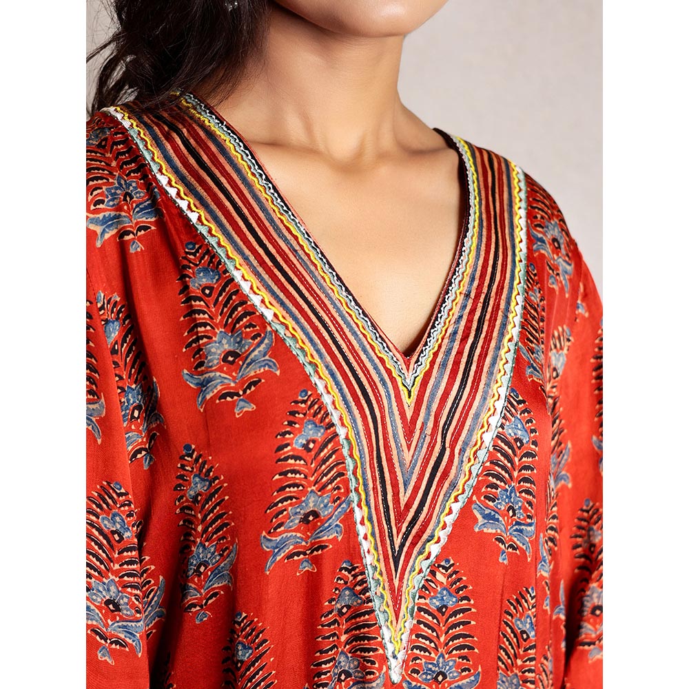 Spring Soul Red Ajrakh Printed Modal Silk Kurta and Pant with Exaggerated Sleeves (Set of 2)