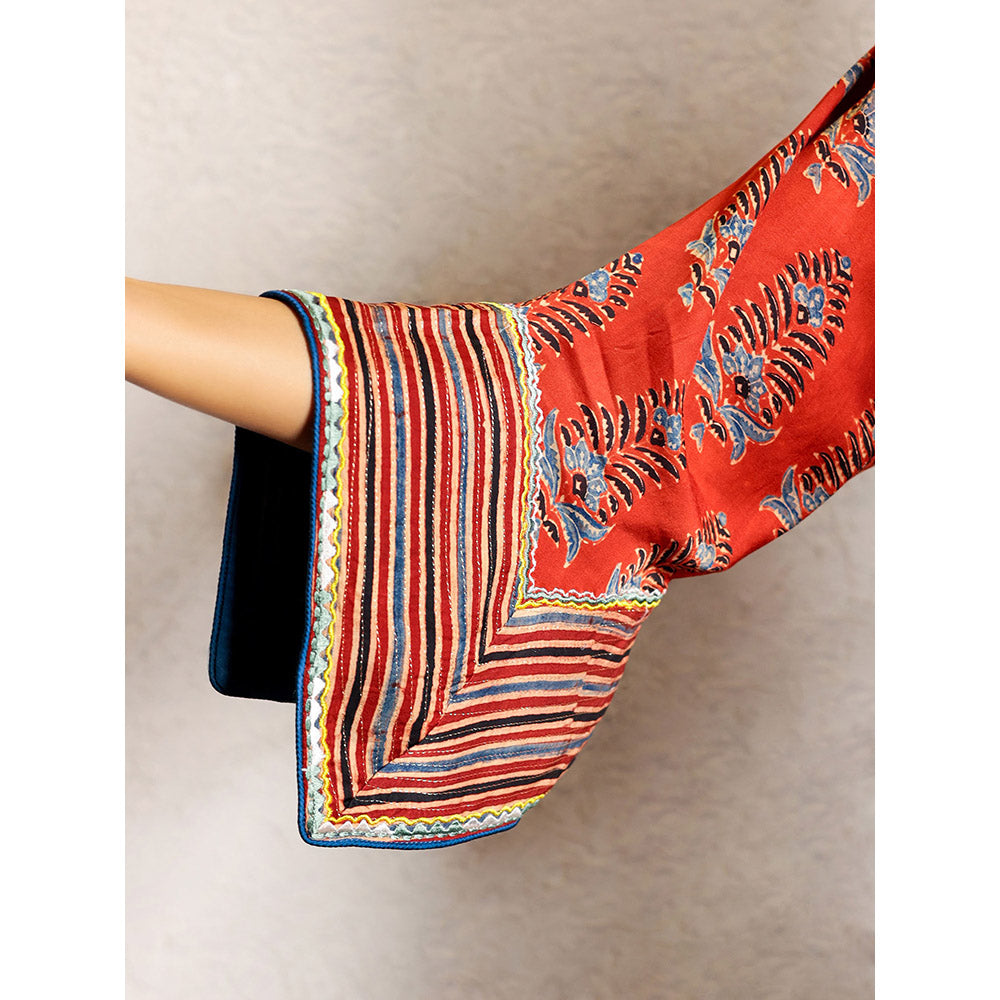 Spring Soul Red Ajrakh Printed Modal Silk Kurta and Pant with Exaggerated Sleeves (Set of 2)
