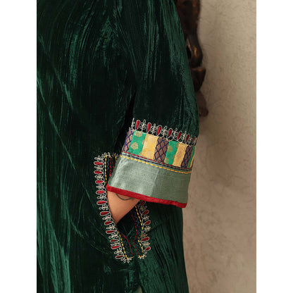 Spring Soul Green Crushed Velvet Embroidered and Brocade Applique Kurta