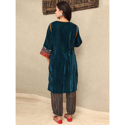 Spring Soul Teal Crushed Velvet Embroidered Kurta