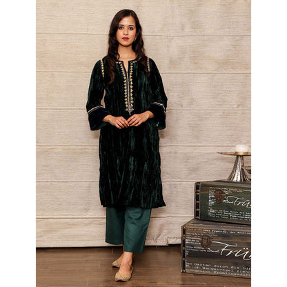 Spring Soul Dark Green Embroidered Velvet Silk Kurta