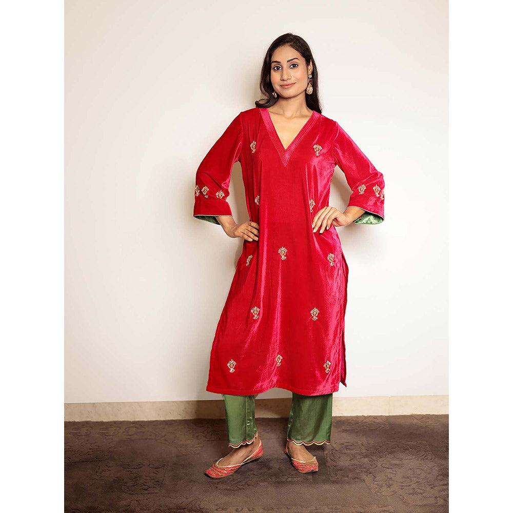 Spring Soul Fuchsia Pink Hand Embroidered Velvet Kurta