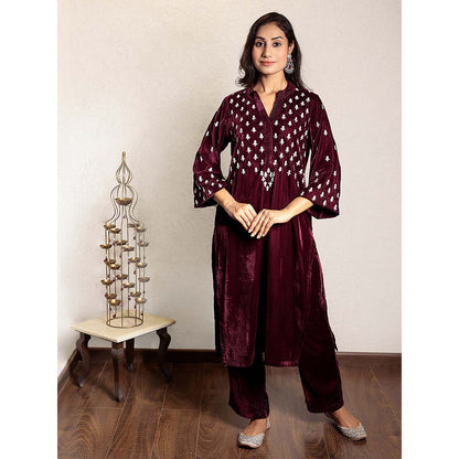 Spring Soul Wine Embroidered Velvet Kurta