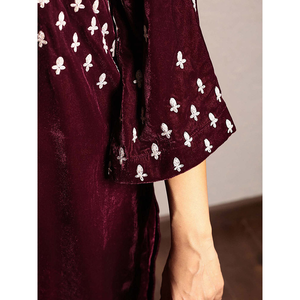 Spring Soul Wine Embroidered Velvet Kurta
