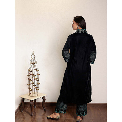 Spring Soul Black Embroidered V-Neck Velvet Kurta