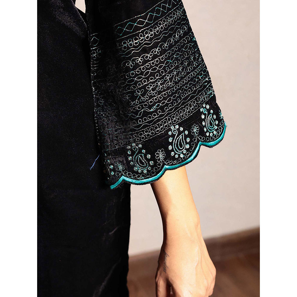 Spring Soul Black Embroidered V-Neck Velvet Kurta