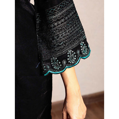 Spring Soul Black Embroidered V-Neck Velvet Kurta