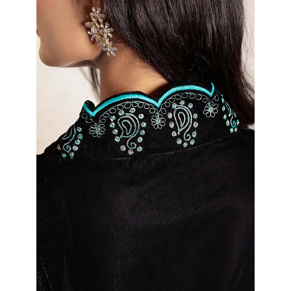 Spring Soul Black Embroidered V-Neck Velvet Kurta