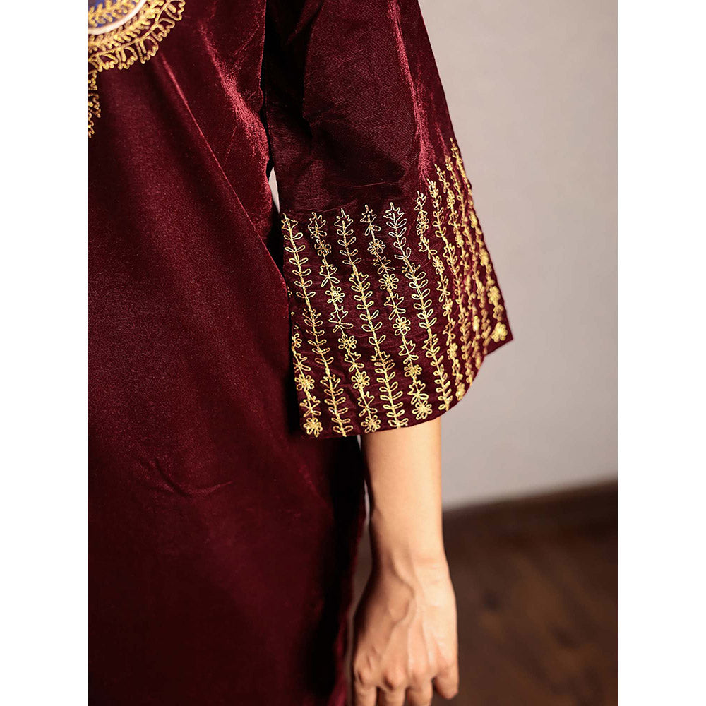 Spring Soul Wine Embroidered Velvet Kurta
