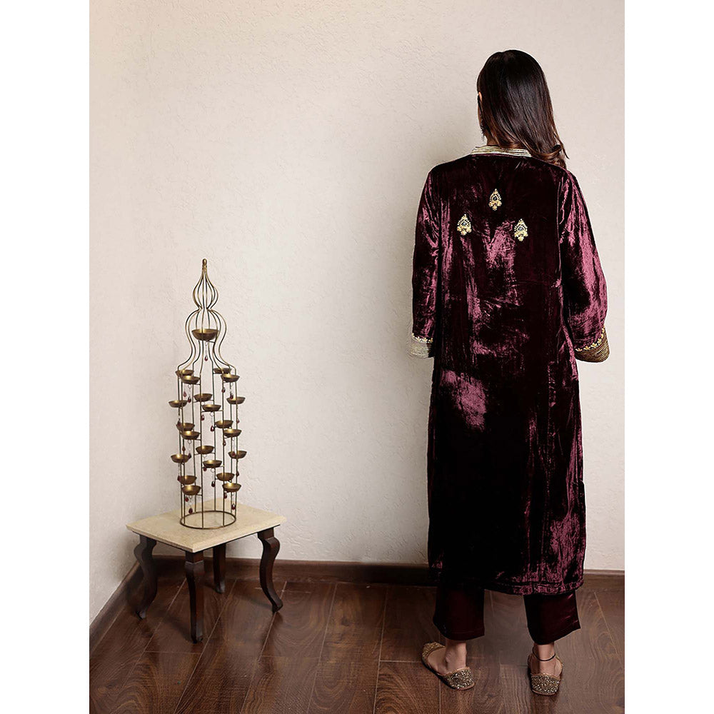 Spring Soul Wine Embroidered V-Neck Velvet Kurta