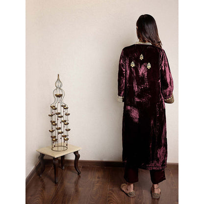 Spring Soul Wine Embroidered V-Neck Velvet Kurta