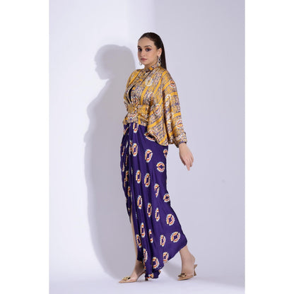 Studio Surbhi Printed Drape Maxi Dress with Kimono Shirt and Belt (Set of 3)