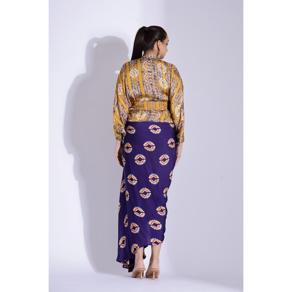 Studio Surbhi Printed Drape Maxi Dress with Kimono Shirt and Belt (Set of 3)