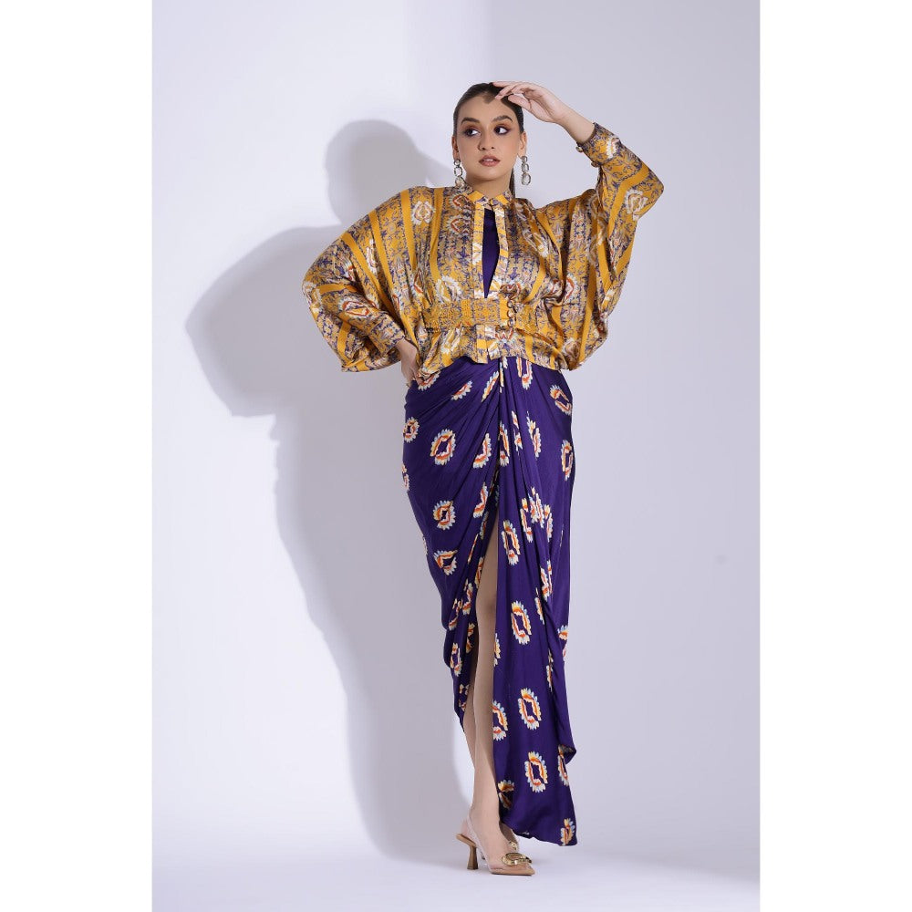 Studio Surbhi Printed Drape Maxi Dress with Kimono Shirt and Belt (Set of 3)