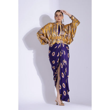 Studio Surbhi Printed Drape Maxi Dress with Kimono Shirt and Belt (Set of 3)