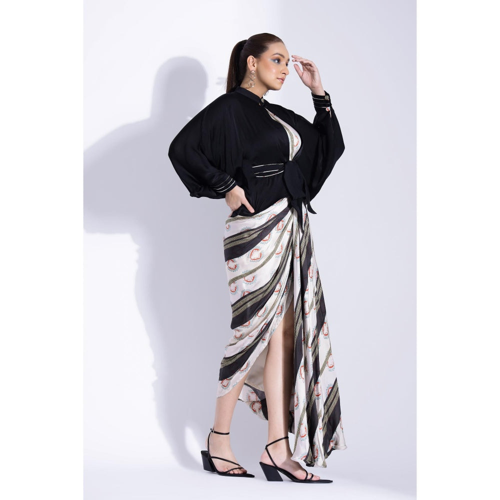 Studio Surbhi Navy Blue Printed Maxi Dress with Kimono Shirt and Belt (Set of 3)