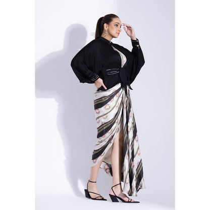 Studio Surbhi Navy Blue Printed Maxi Dress with Kimono Shirt and Belt (Set of 3)