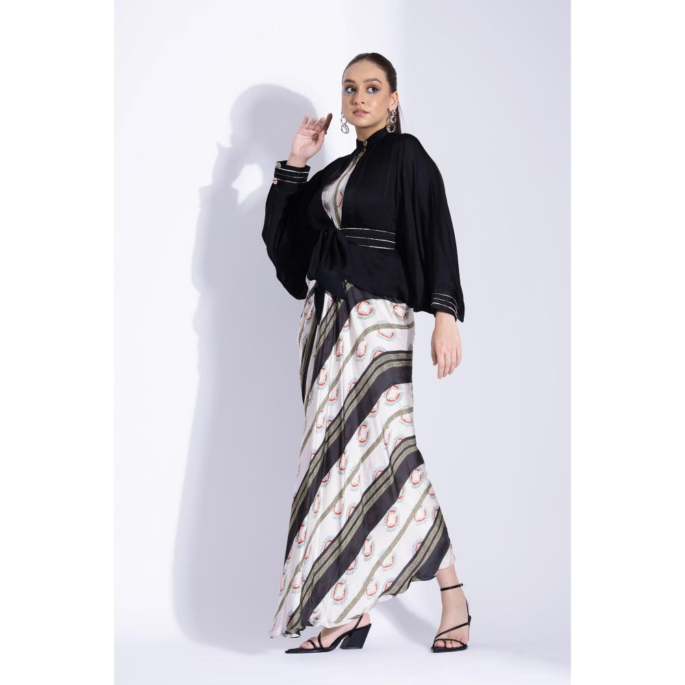 Studio Surbhi Navy Blue Printed Maxi Dress with Kimono Shirt and Belt (Set of 3)