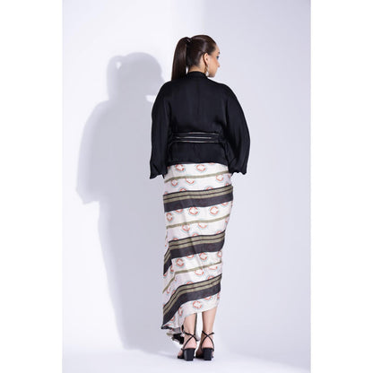 Studio Surbhi Navy Blue Printed Maxi Dress with Kimono Shirt and Belt (Set of 3)