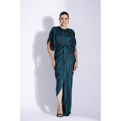 Studio Surbhi Teal Printed Hand Draped Maxi Dress