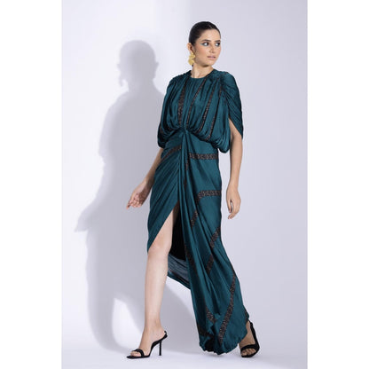 Studio Surbhi Teal Printed Hand Draped Maxi Dress