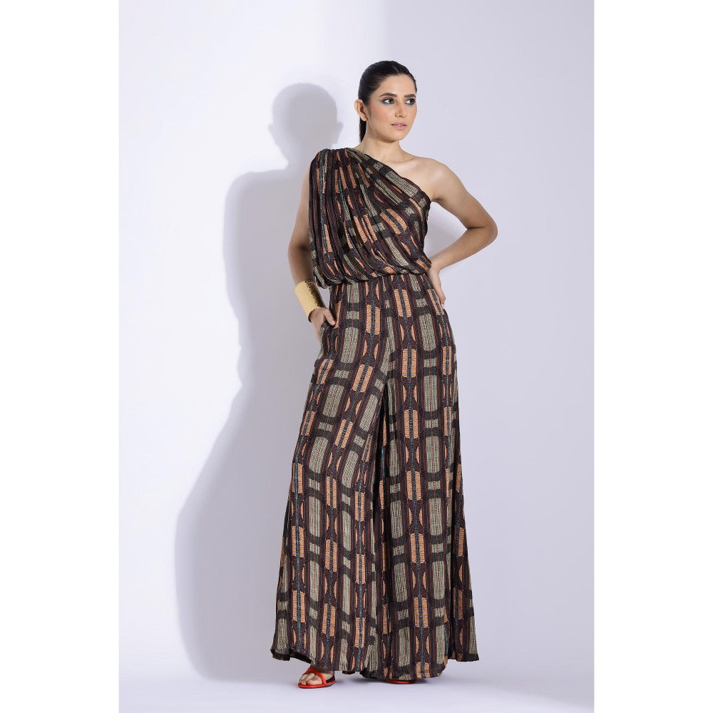Studio Surbhi Brown Printed One-Shoulder Jumpsuit