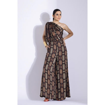 Studio Surbhi Brown Printed One-Shoulder Jumpsuit