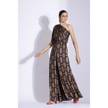 Studio Surbhi Brown Printed One-Shoulder Jumpsuit