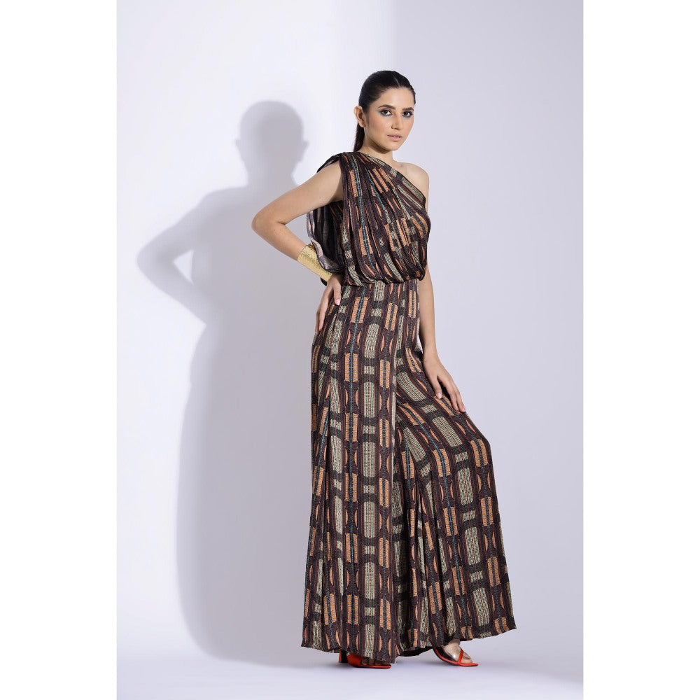 Studio Surbhi Brown Printed One-Shoulder Jumpsuit