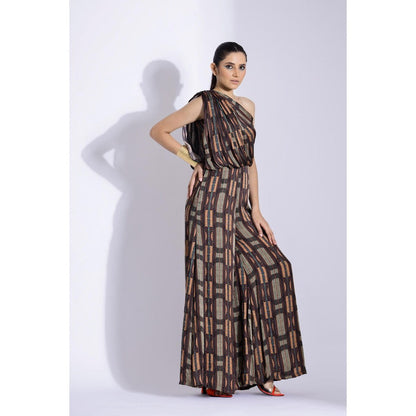 Studio Surbhi Brown Printed One-Shoulder Jumpsuit