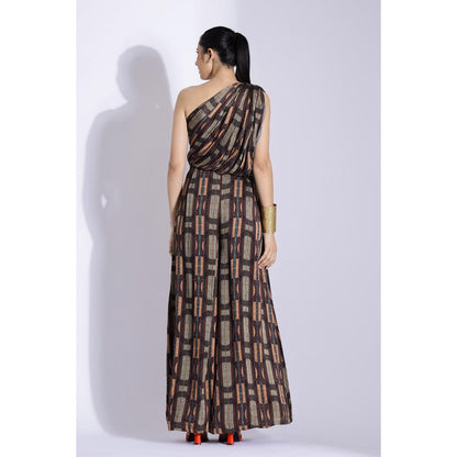 Studio Surbhi Brown Printed One-Shoulder Jumpsuit